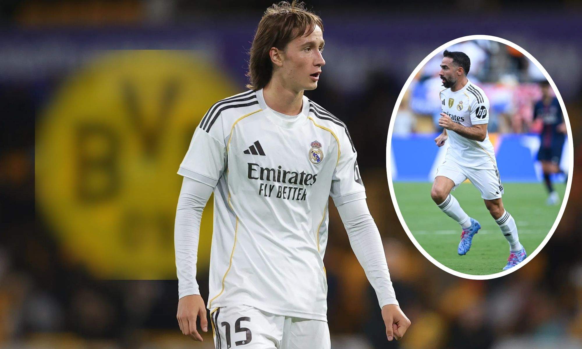 Joan Martínez con Carvajal y el escudo del Borussia Dortmund difuminado