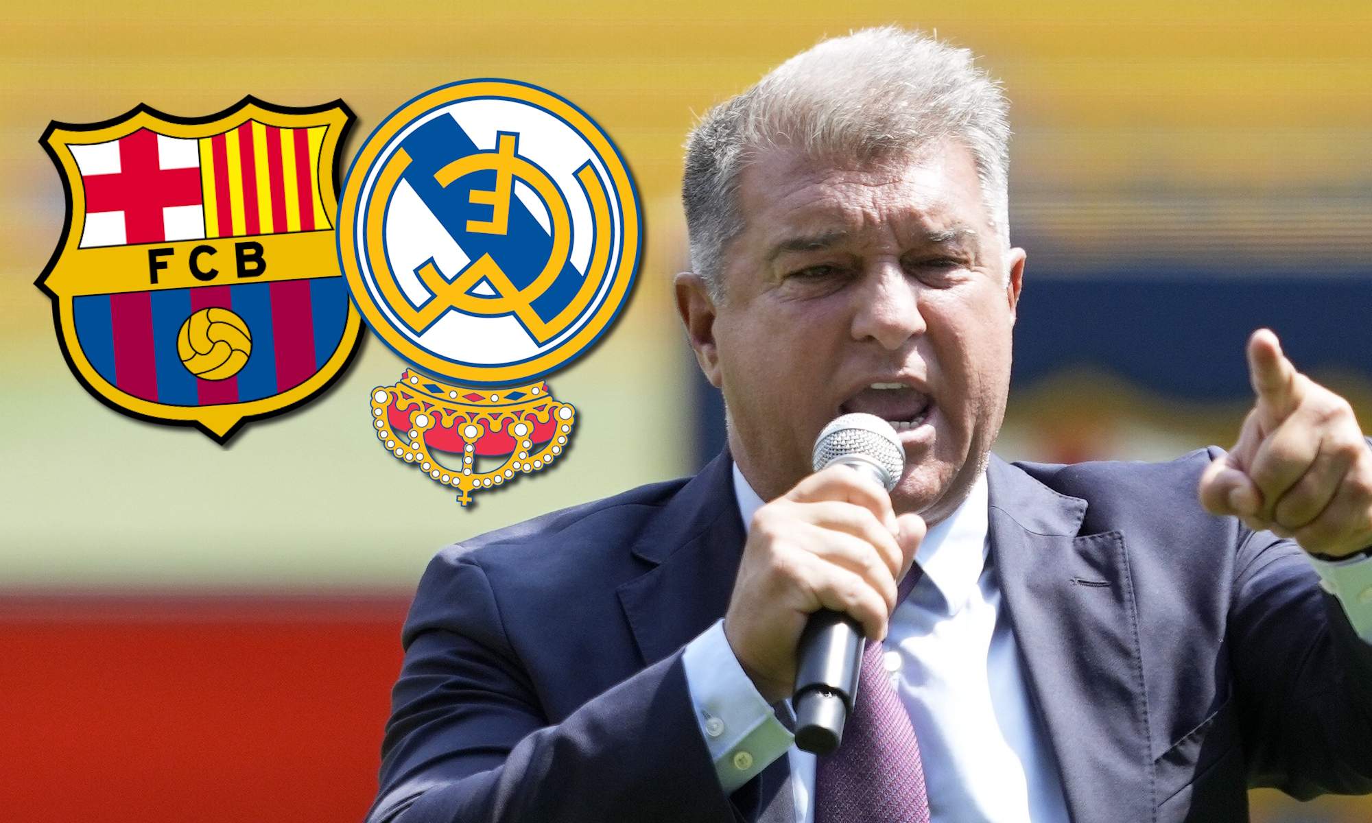 Laporta gritando y escudos de Barça y Real Madrid (al revés)