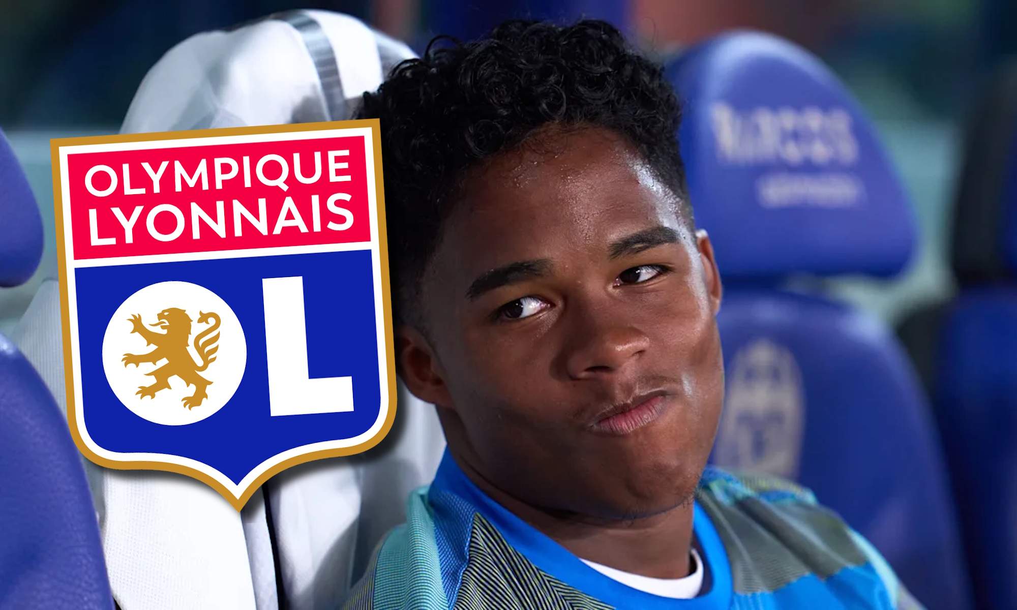 Endrick en el banquillo y escudo del Lyon Endrick en el banquillo y escudo del Lyon