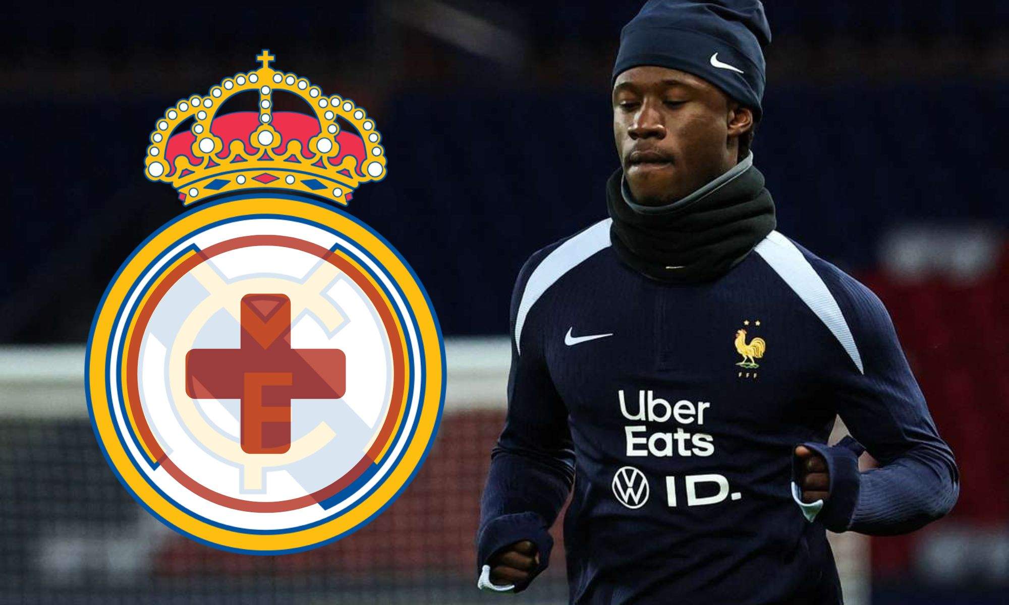 Camavinga y el escudo del Real Madrid con la cruz roja