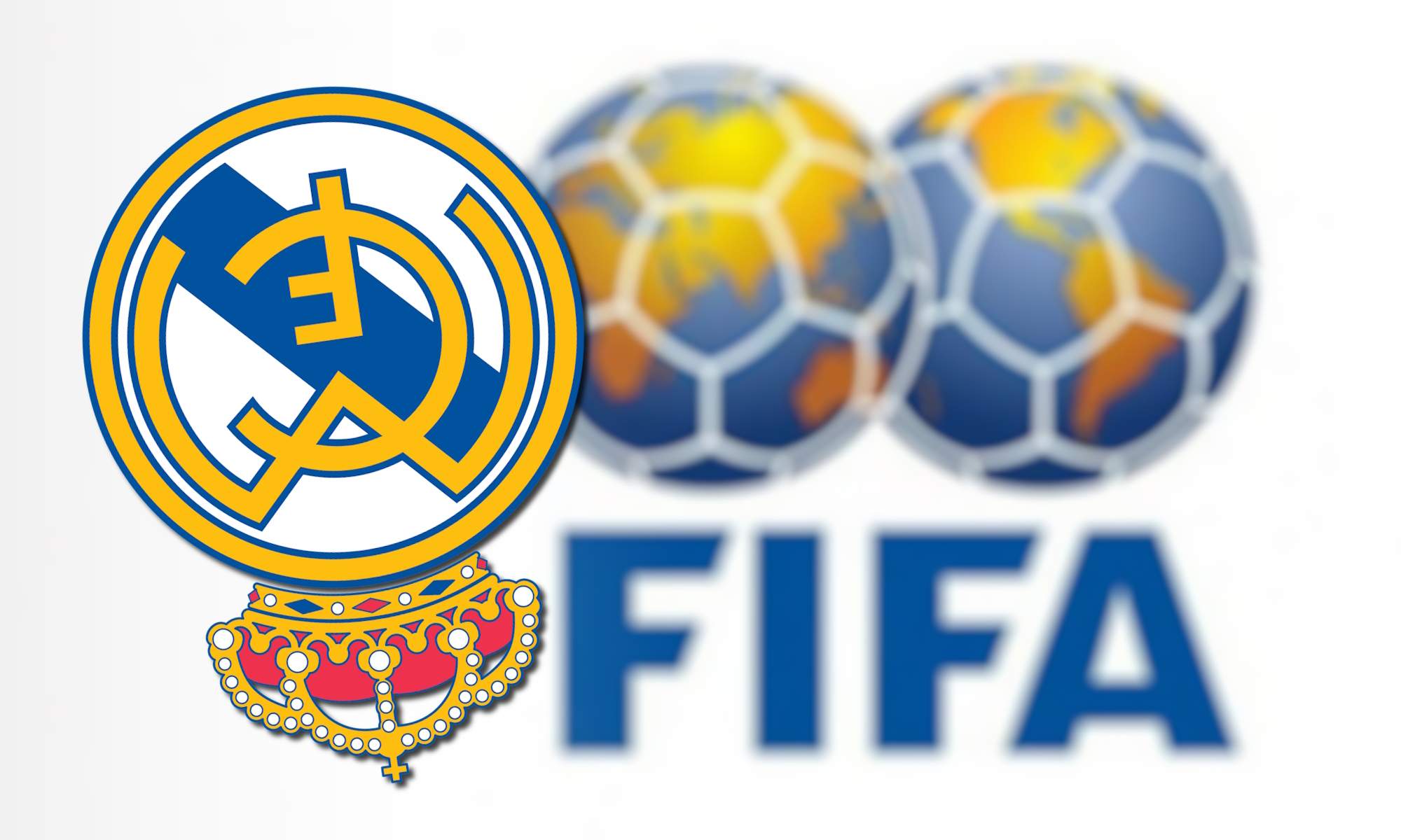 Escudo del Real Madrid al revés y logo FIFA de fondo