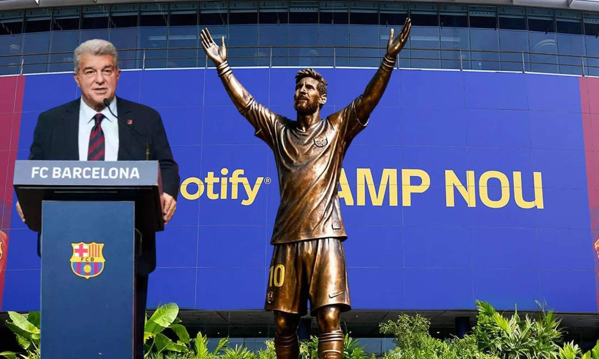 Laporta y un proyecto de la estatua de Messi