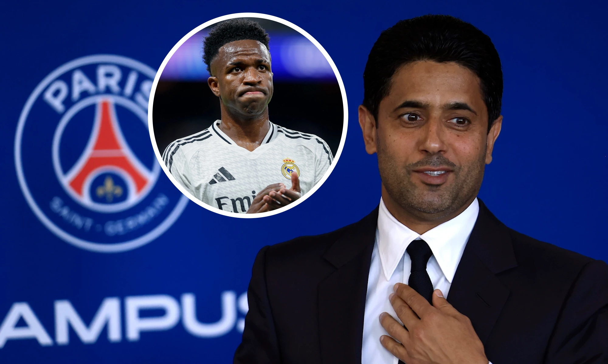 Al Khelaifi, escudo PSG y Vinicius serio en círculo Al Khelaifi, escudo PSG y Vinicius serio en círculo