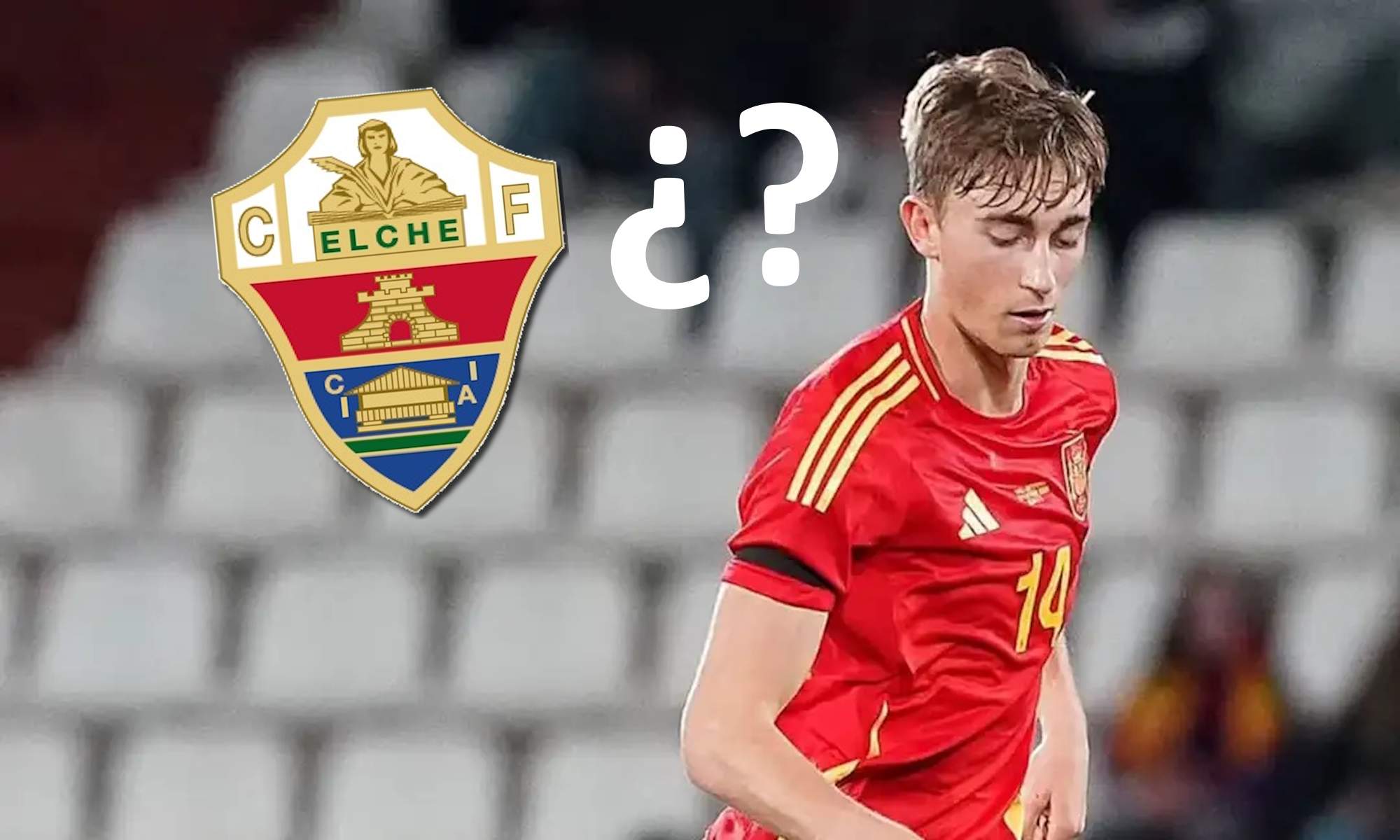 Huijsen con España y escudo del Elche e interrogantes Huijsen con España y escudo del Elche e interrogantes