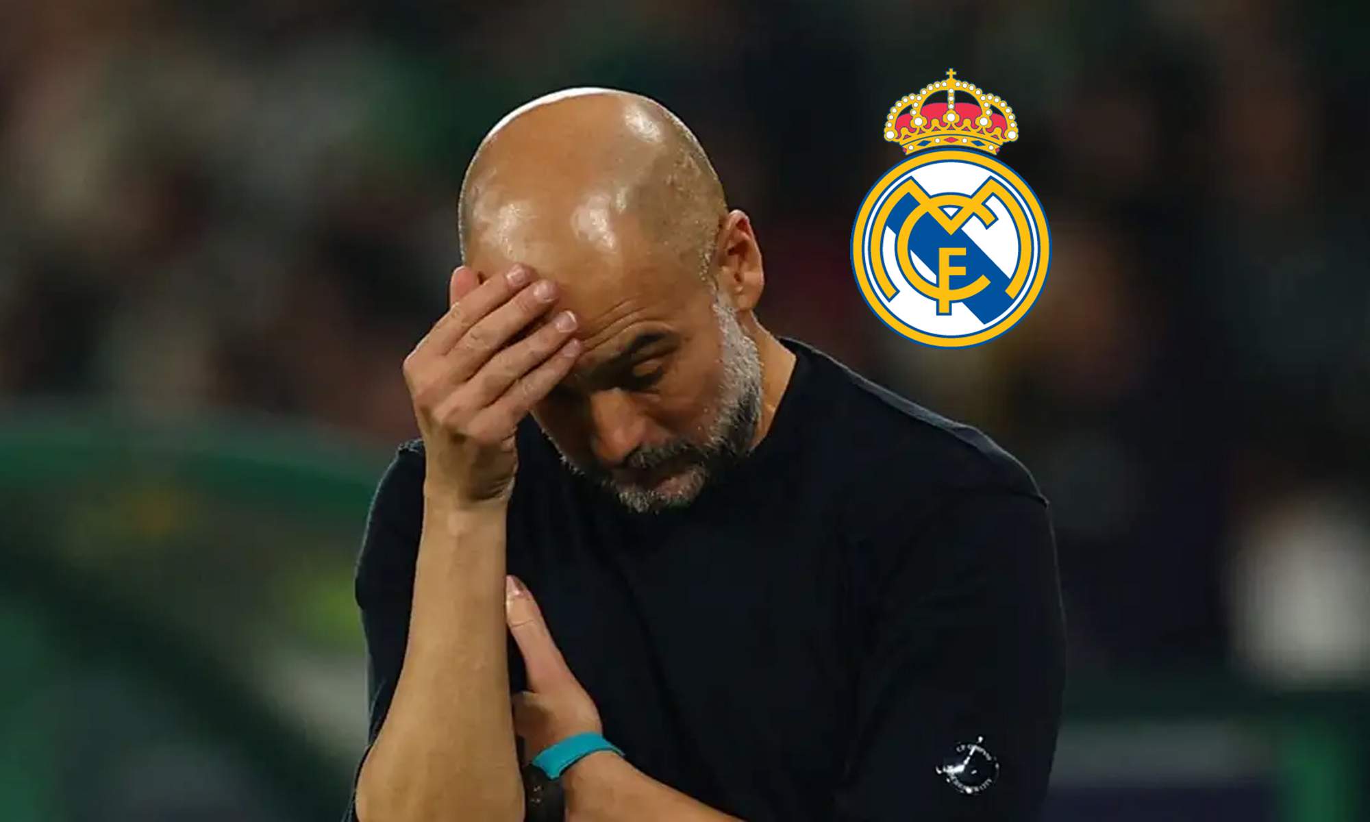 Pep Guardiola cabizbajo en un partido y el escudo del Real Madrid.
