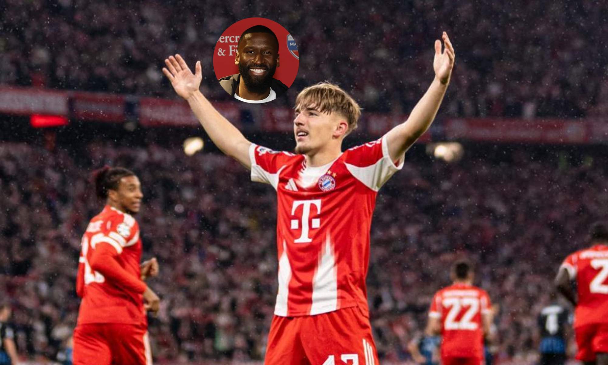 Lennart Karl celebrando un gol y una foto de Antonio Rüdiger.