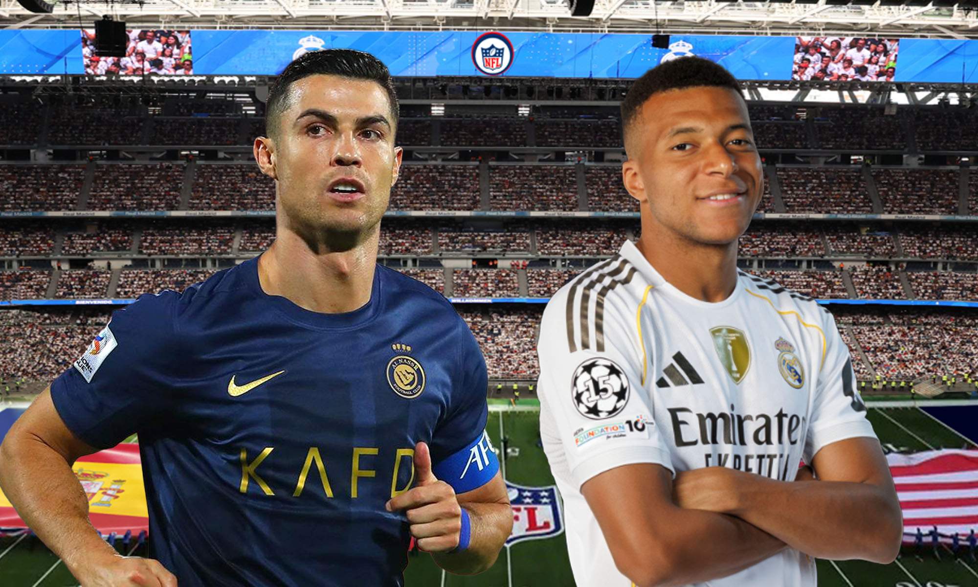 Cristiano y Mbappé con fondo de partido de NFL en el Bernabéu