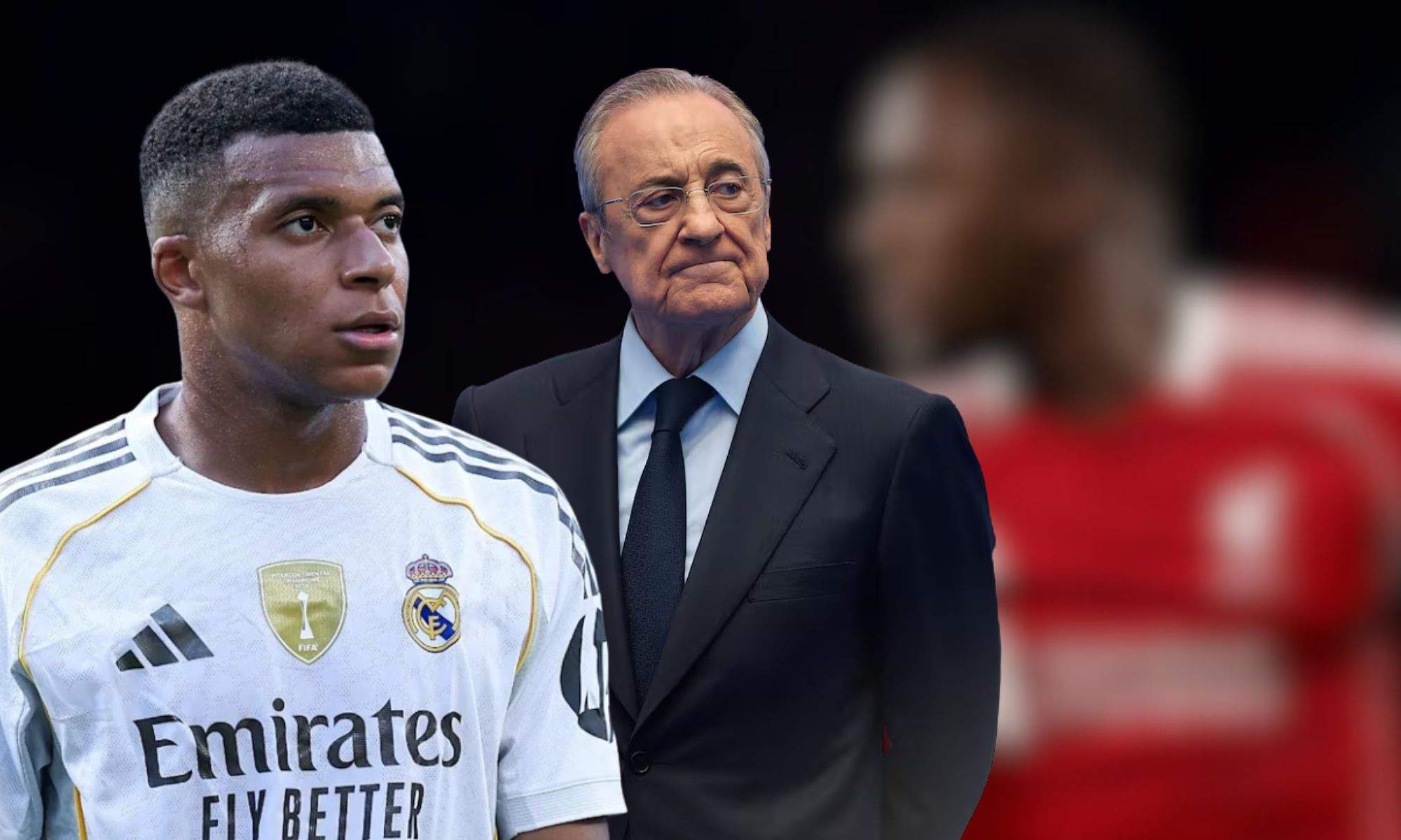 Mbappé y Florentino Pérez sobre Konaté desenfocado