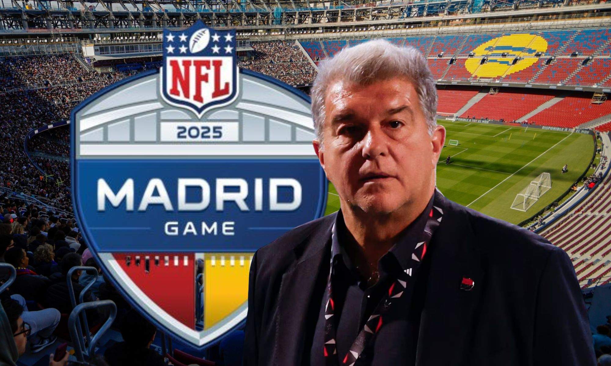 Laporta con el logo de la NFL en Madrid sobre el Camp Nou