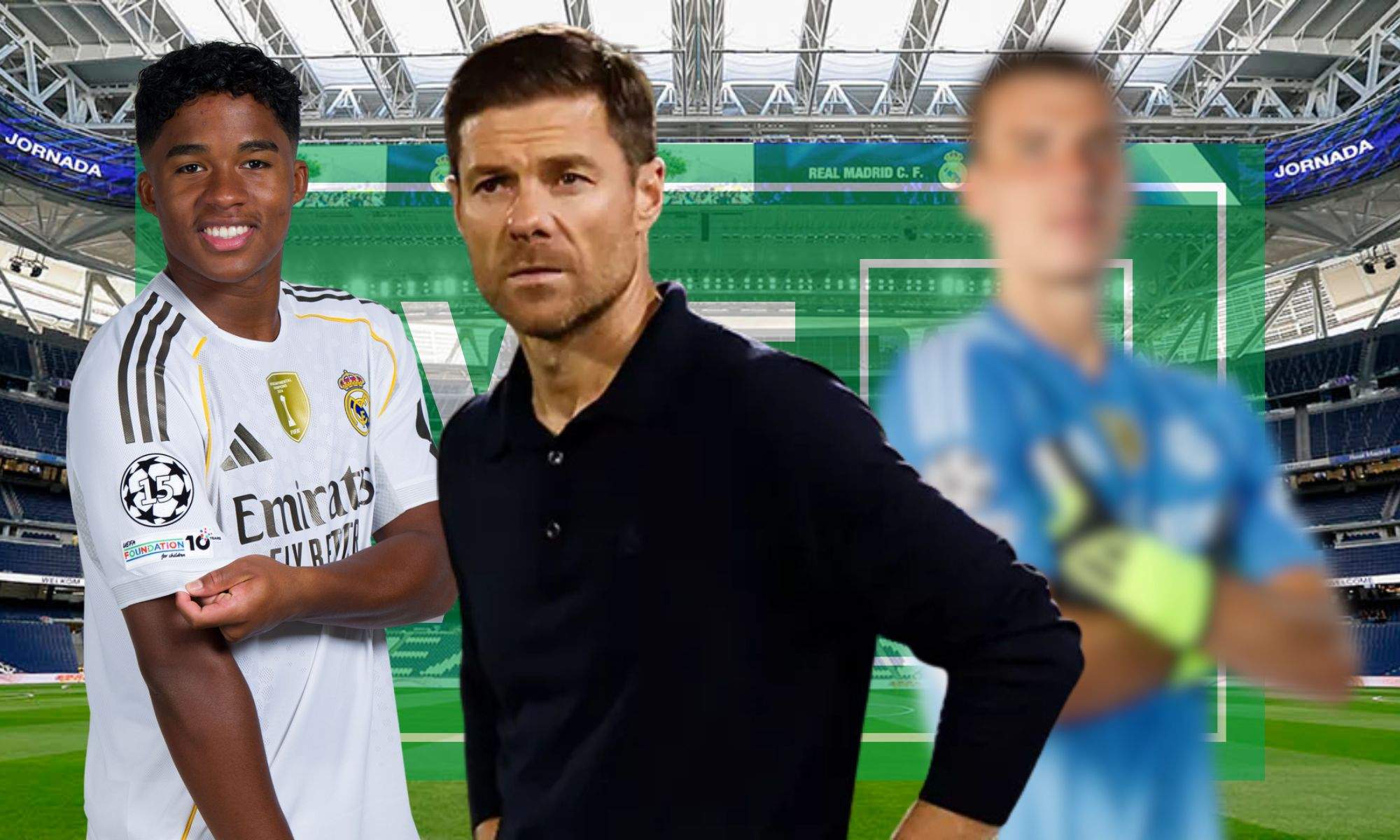 Endrick y Xabi Alonso con Lunin sobre el cartel de salida