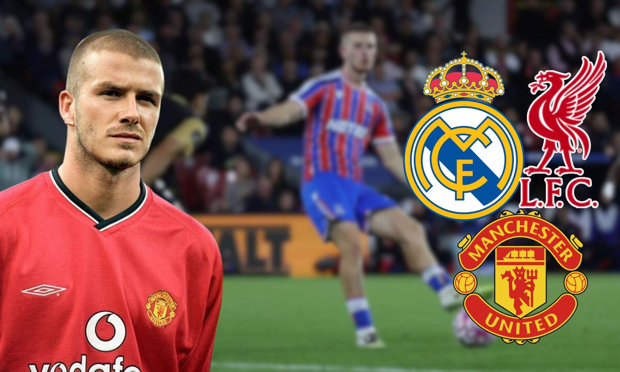 Beckham, Adam Wharton y escudos de Real Madrid, Liverpool y Manchester United