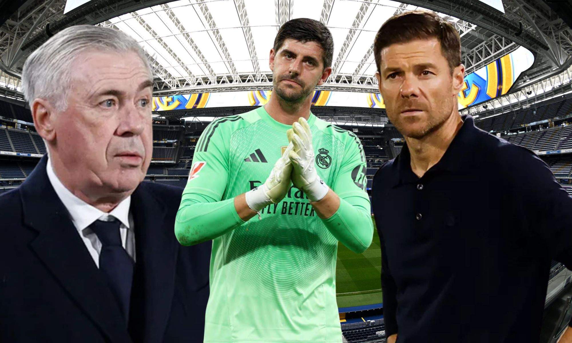 Ancelotti y Xabi Alonso con Courtois