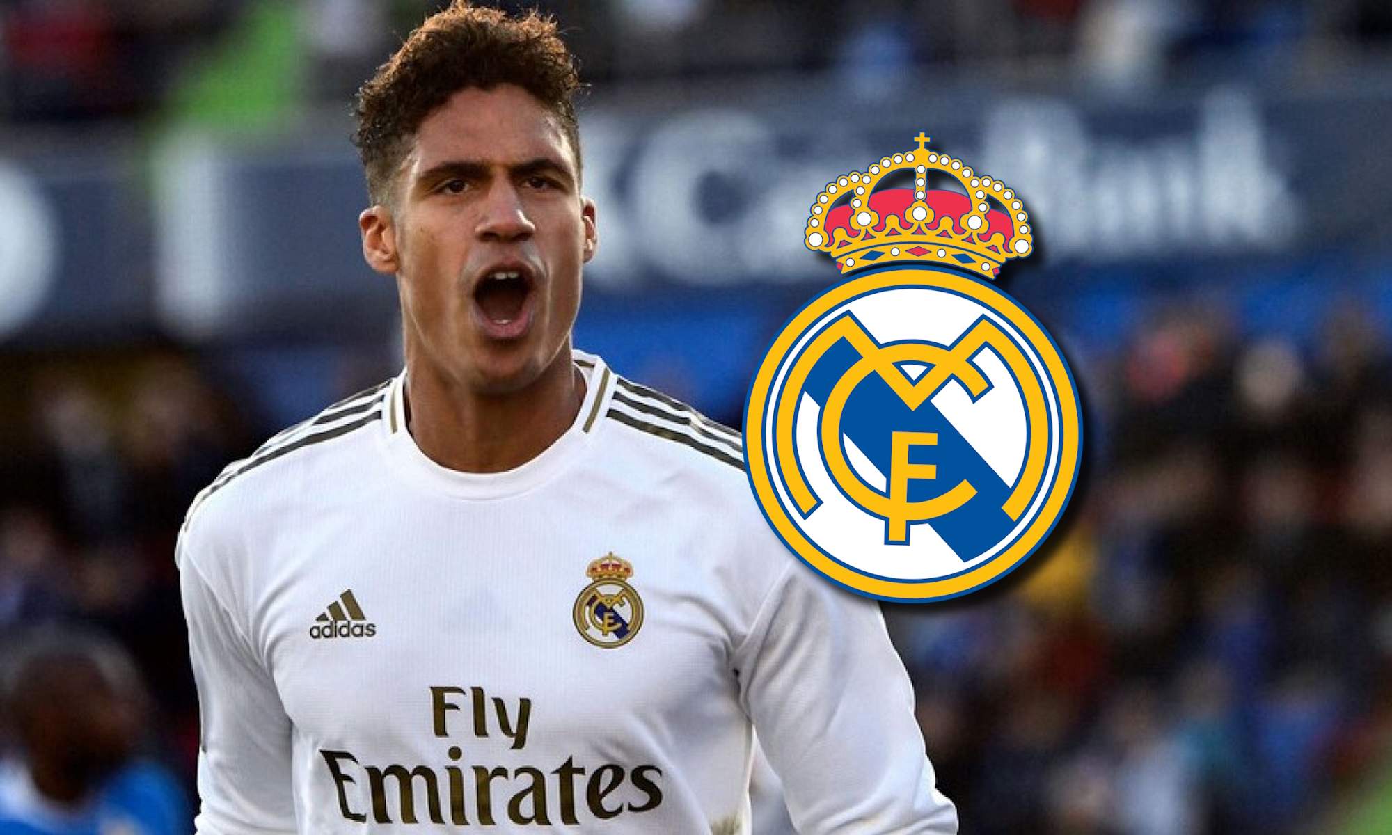Varane con el Real Madrid y escudo del Real Madrid