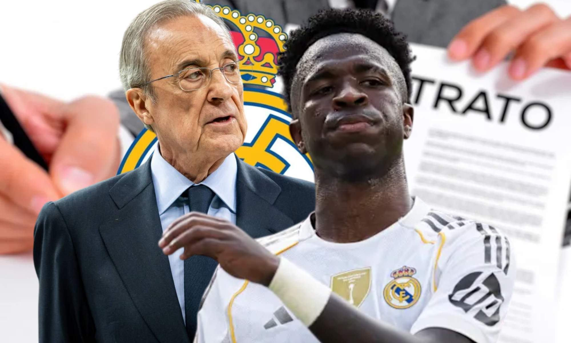 Florentino Pérez y Vinicius sobre la firma de un contrato