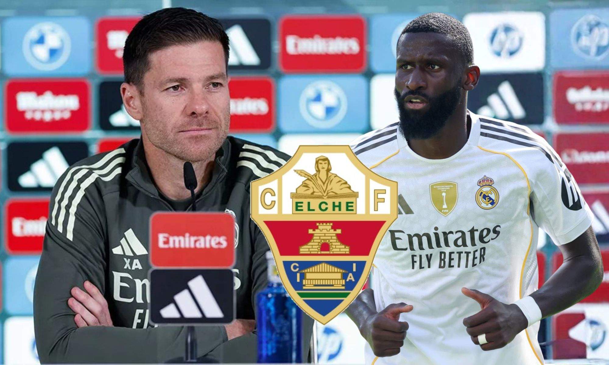 Xabi Alonso y Rüdiger con el escudo del Elche