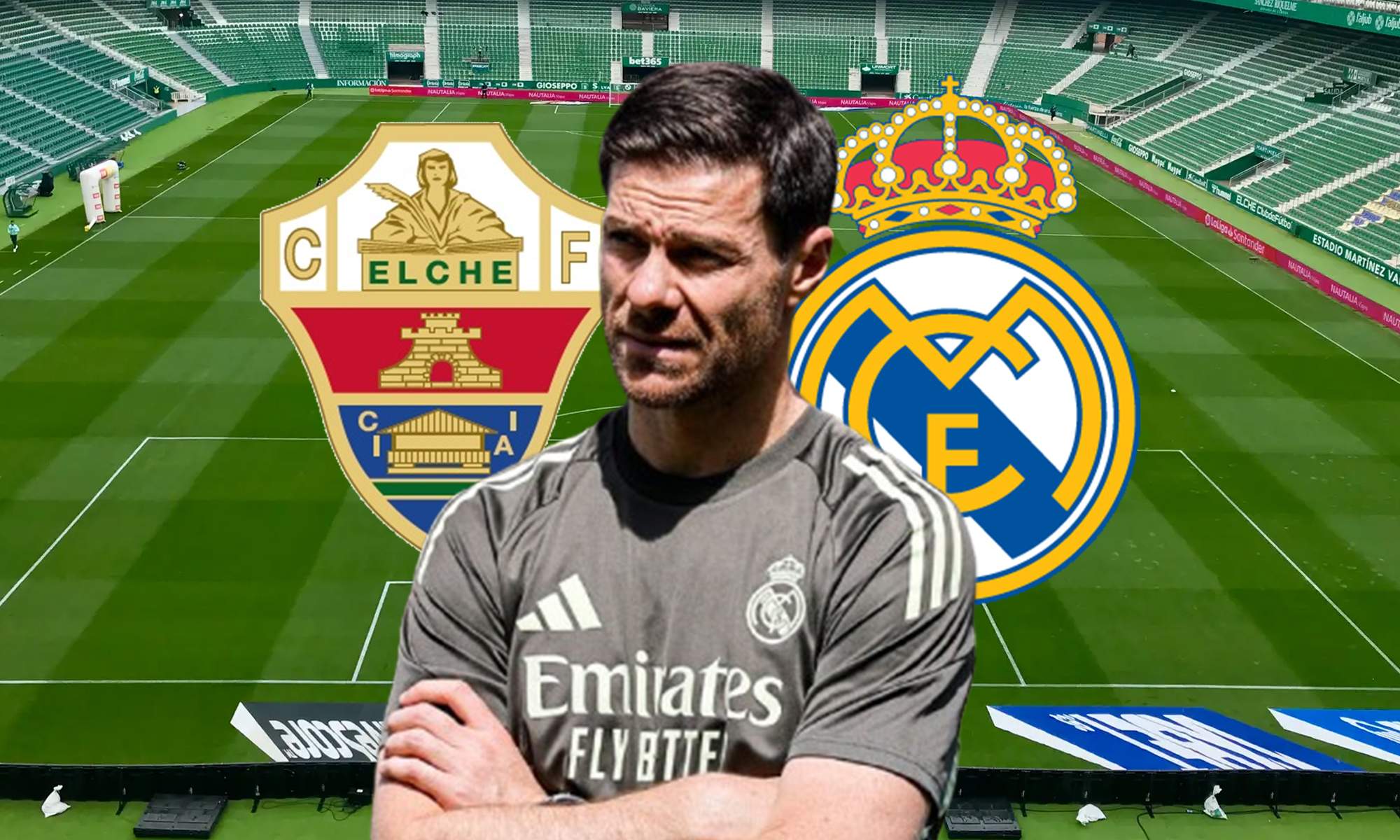 Xabi Alonso y los escudos del Elche y del Real Madrid.