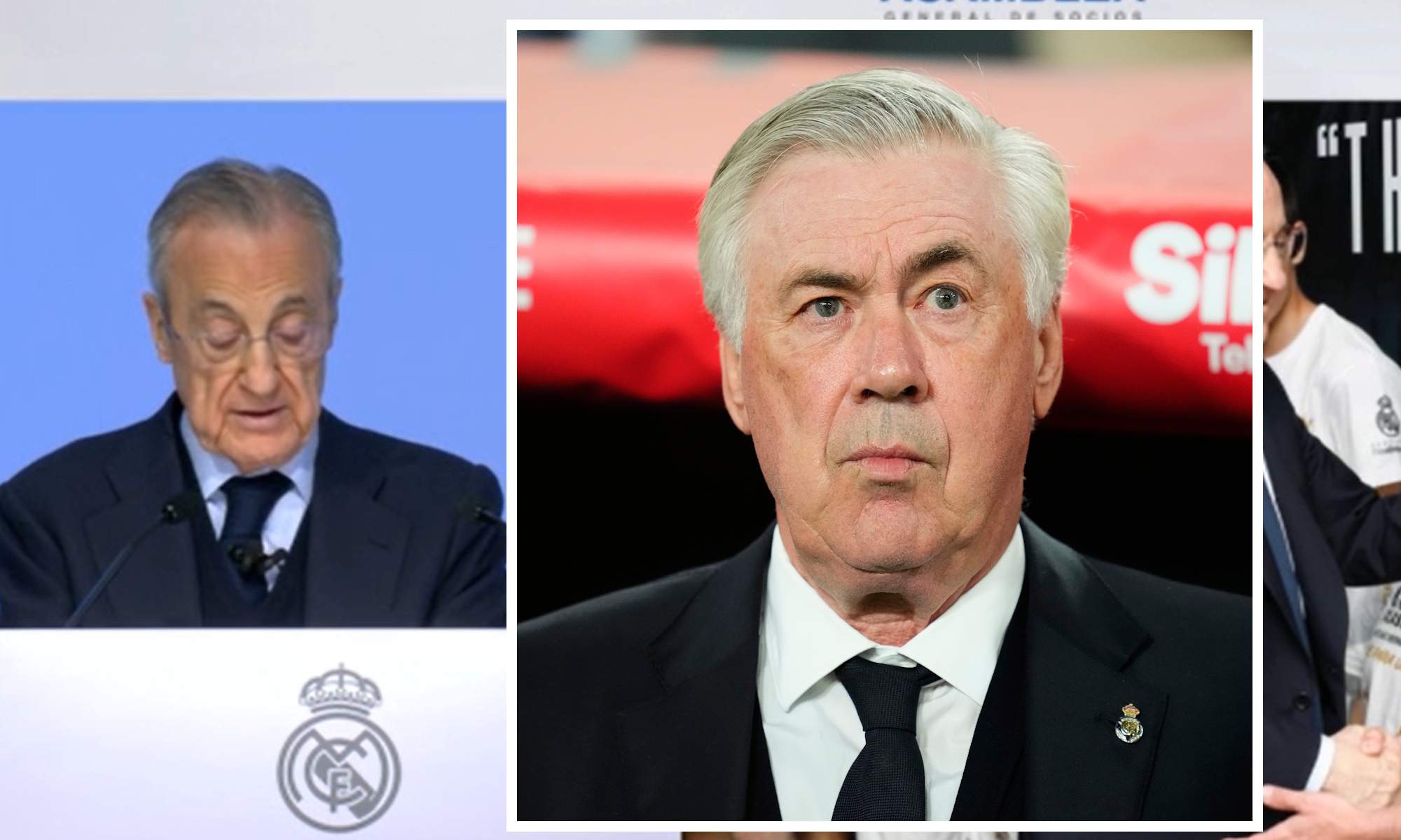 Florentino Pérez en la asamblea con Carlo Ancelotti en recuadro