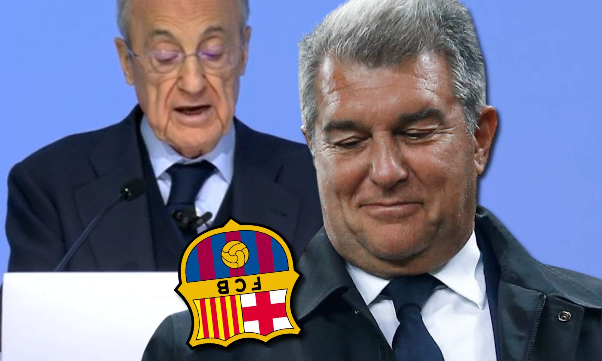 Florentino Pérez en la asamblea y Joan Laporta con escudo del Barça al revés