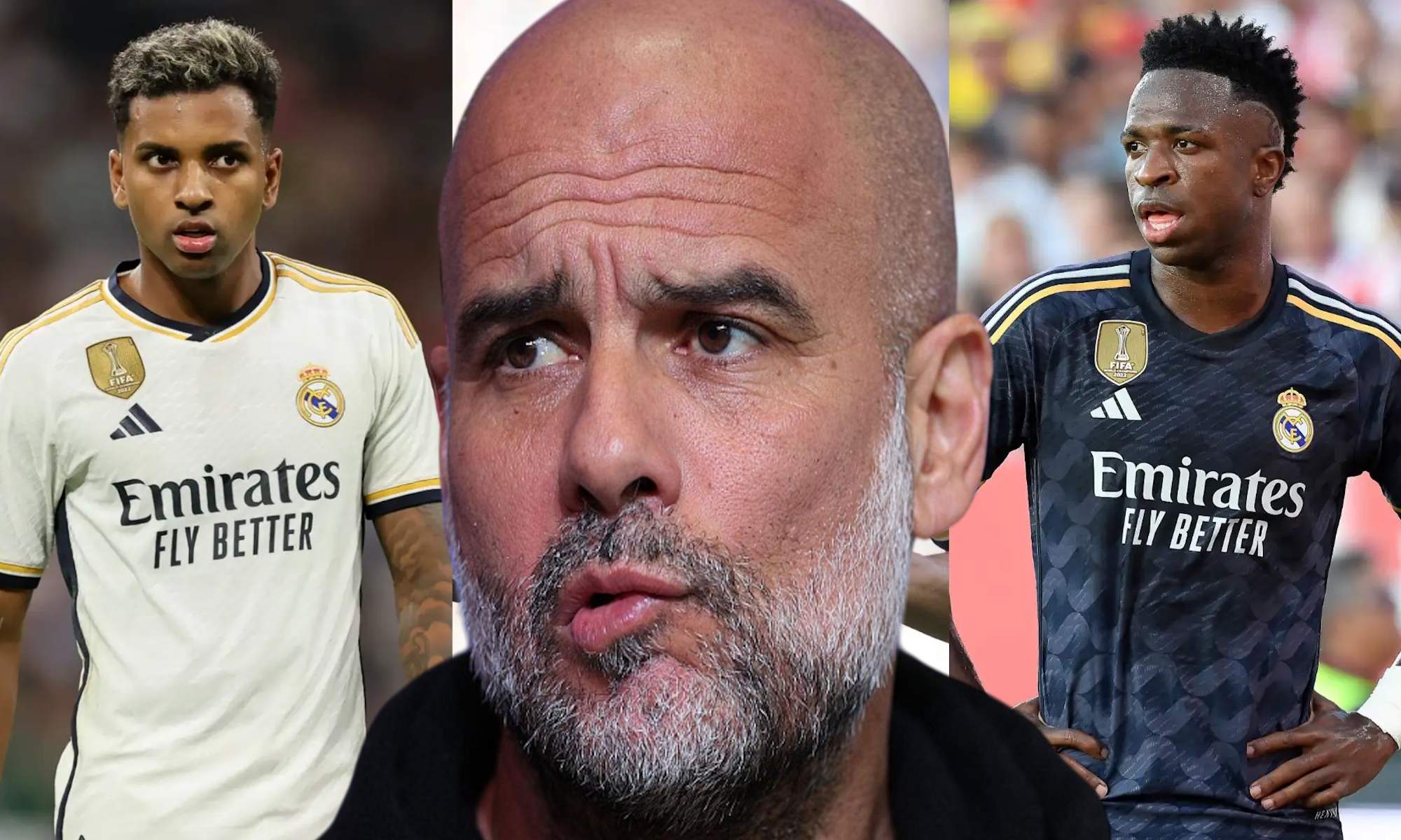 Guardiola pensativo con Rodrygo y Vinicius de fondo Guardiola pensativo con Rodrygo y Vinicius de fondo