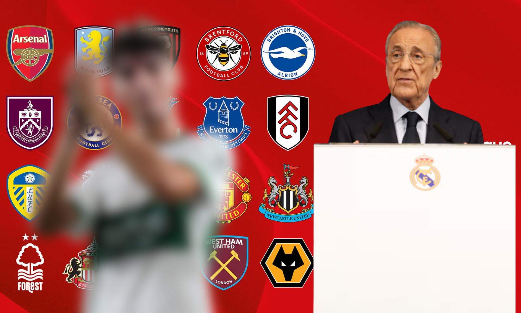 Rodrigo Mendoza y Florentino Pérez sobre el fondo de la Premier League