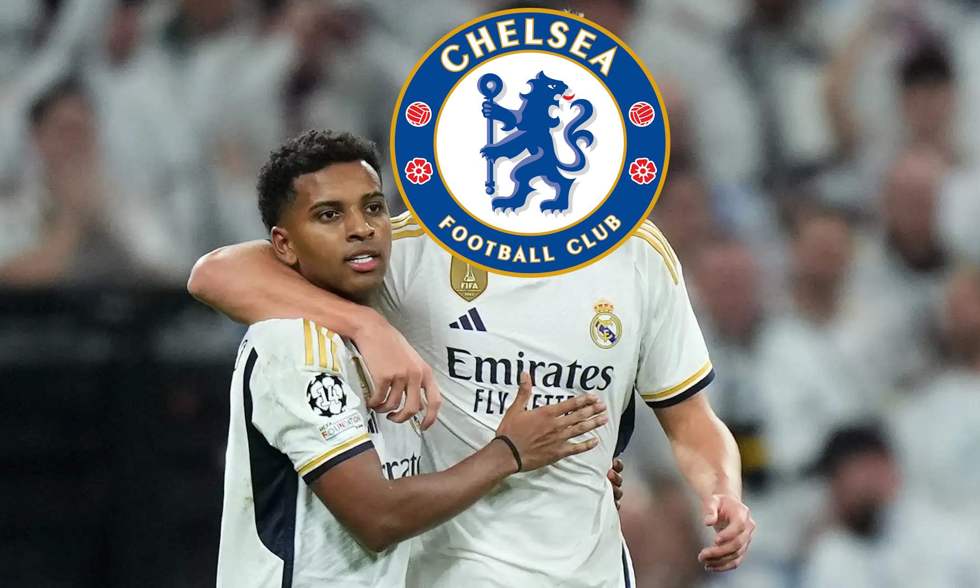 Jugador de Real Madrid tapado por escudo del Chelsea y Rodrygo Goes