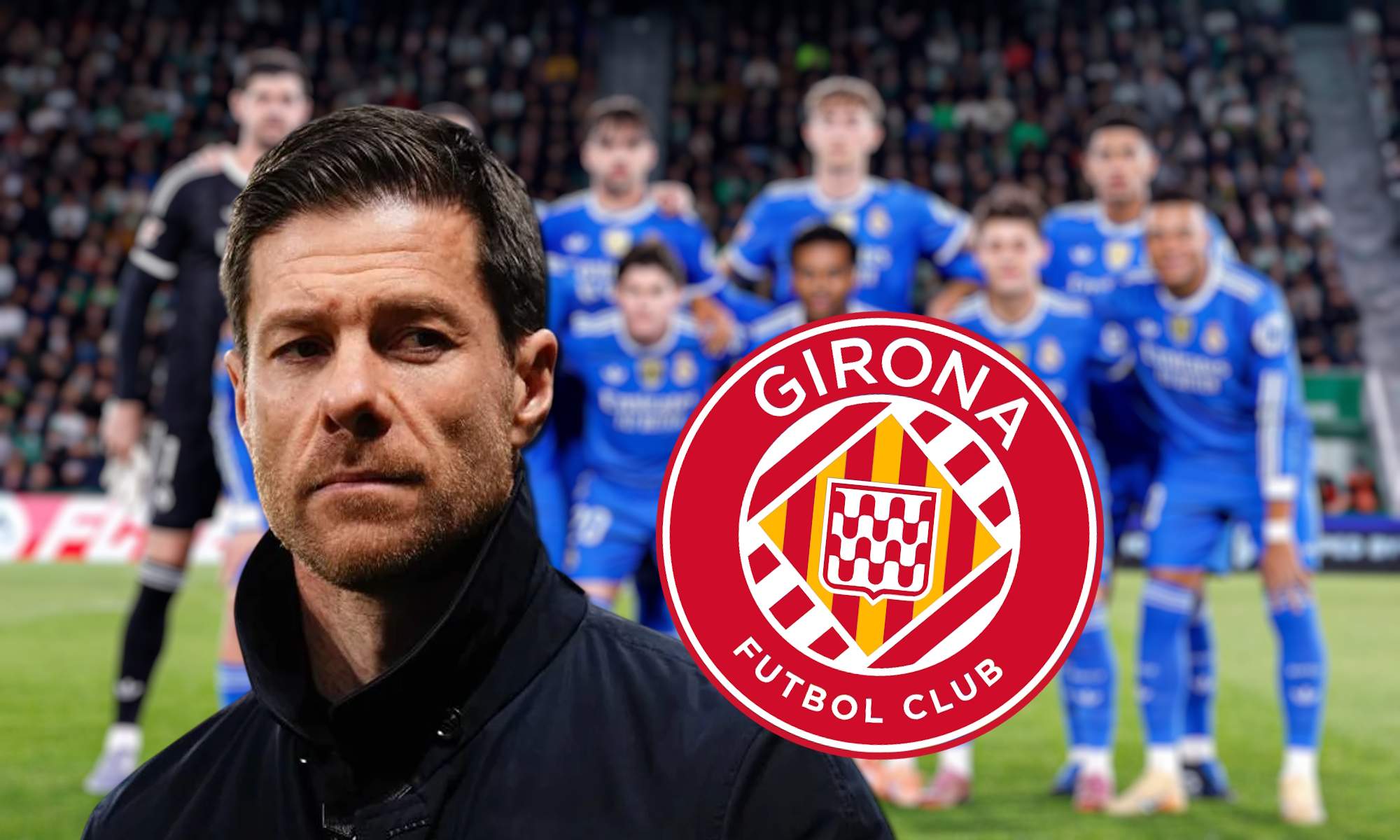 Xabi Alonso serio y escudo del Girona con once del Real Madrid de fondo