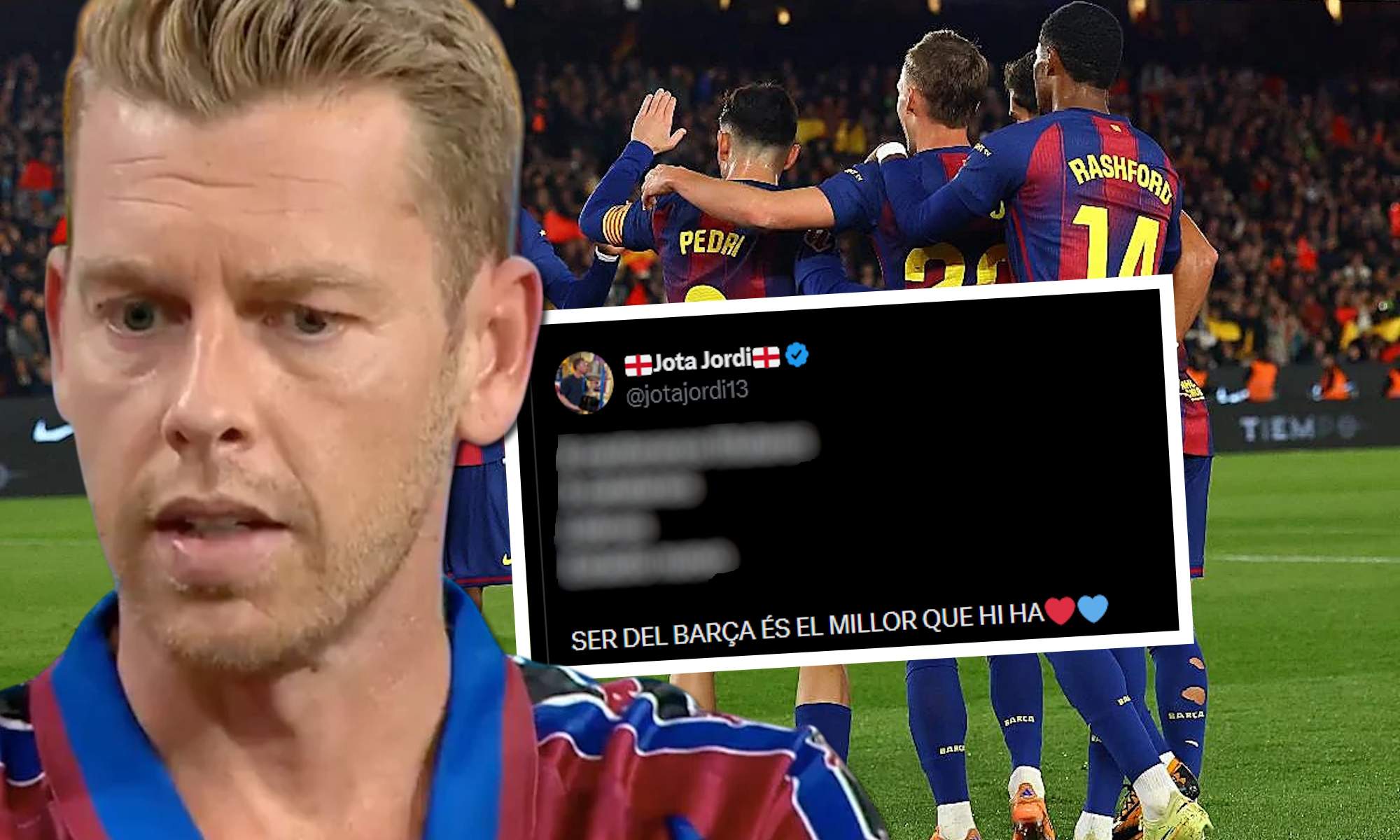 Jota Jordi con su post en X y jugadores del Barça de fondo