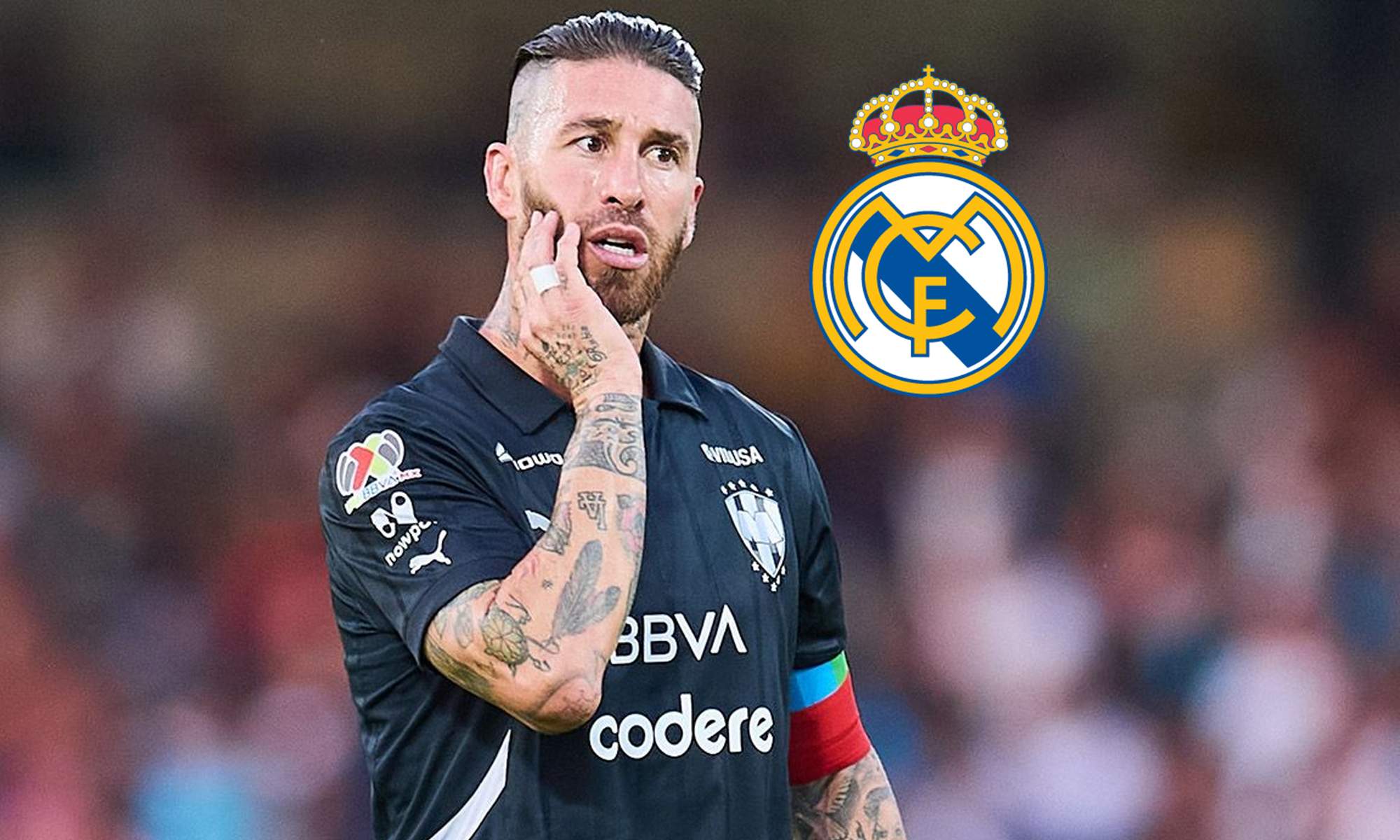 Sergio Ramos jugando con Rayados y el escudo del Real Madrid.