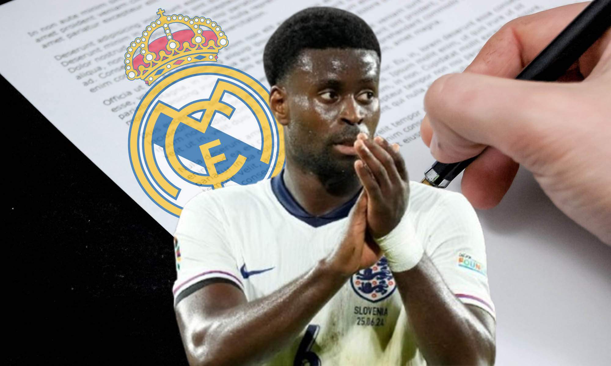 Guéhi firma y escudo Real Madrid
