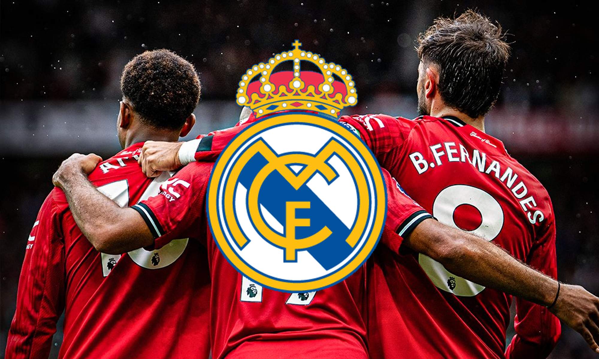 Jugadores del Manchester United y el escudo del Real Madrid. 