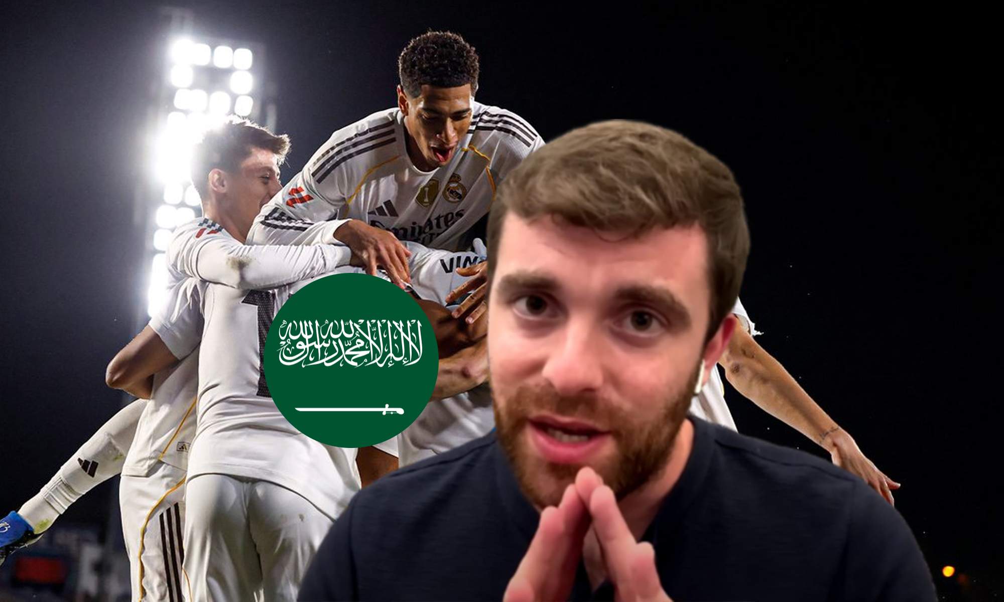 Fabrizio Romano, la bandera de Arabia Saudí y jugadores del Real Madrid celebrando un gol. 