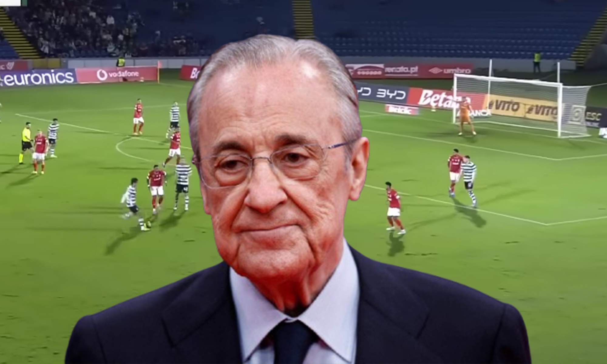 Florentino Pérez y una captura de un partido del Sporting de Lisboa. 