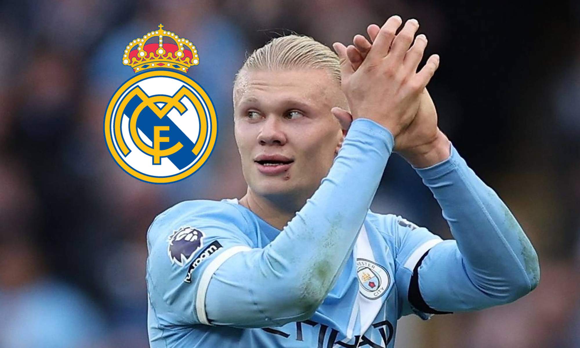 Erling Haaland y el escudo del Real Madrid.