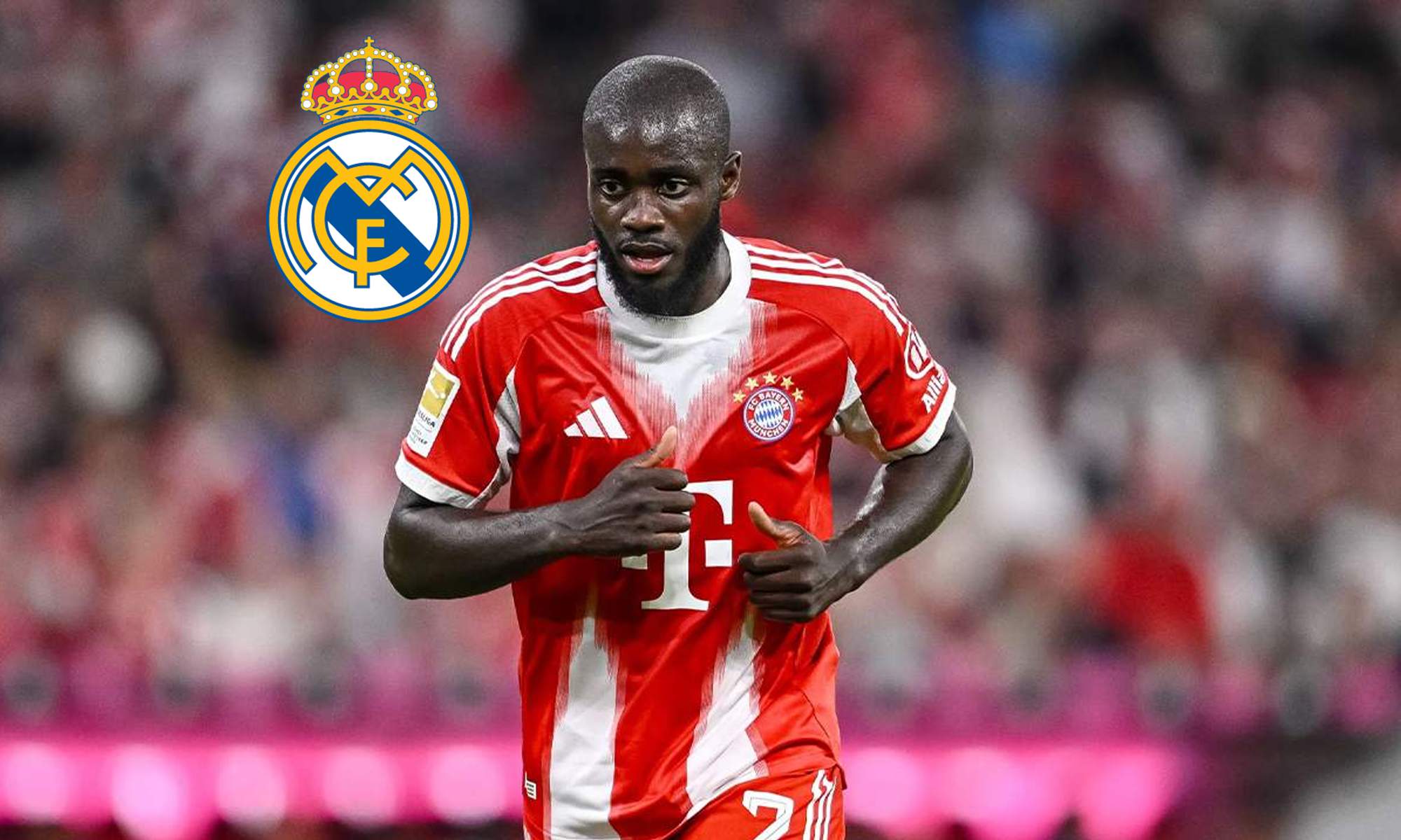 Upamecano jugando con el Bayern Múnich y el escudo del Real Madrid.