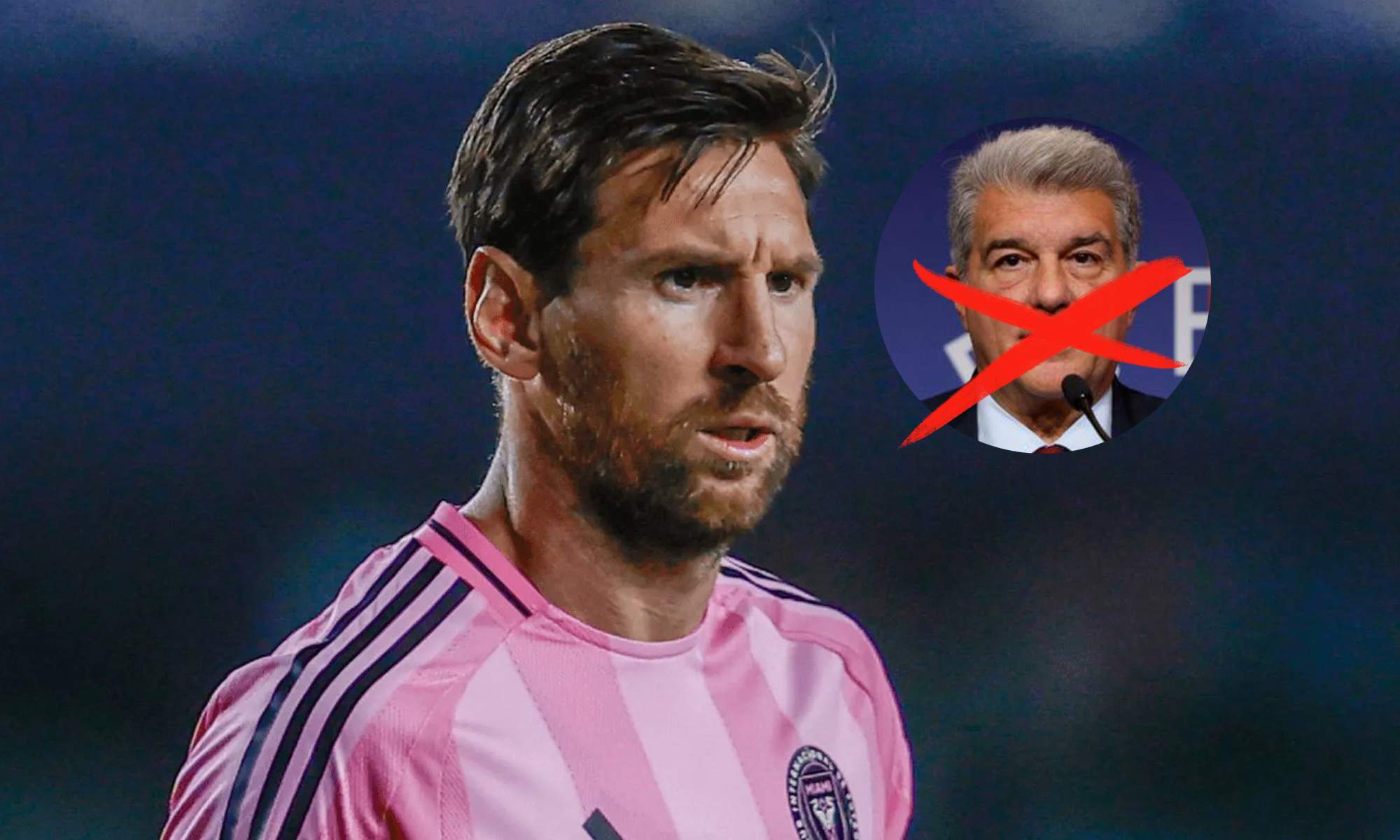 Leo Messi y una foto de Joan Laporta tachado.
