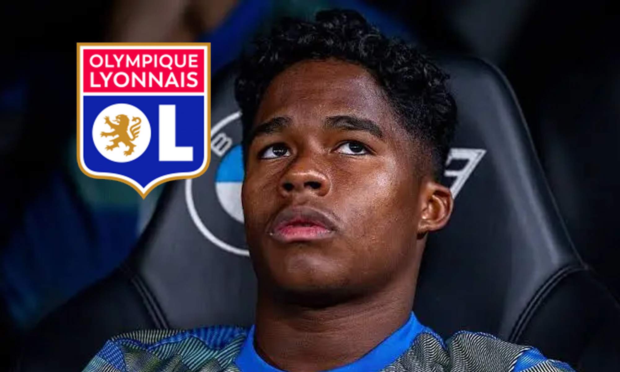 Endrick sentado en el banquillo del Real Madrid y el escudo del Olympique de Lyon. 