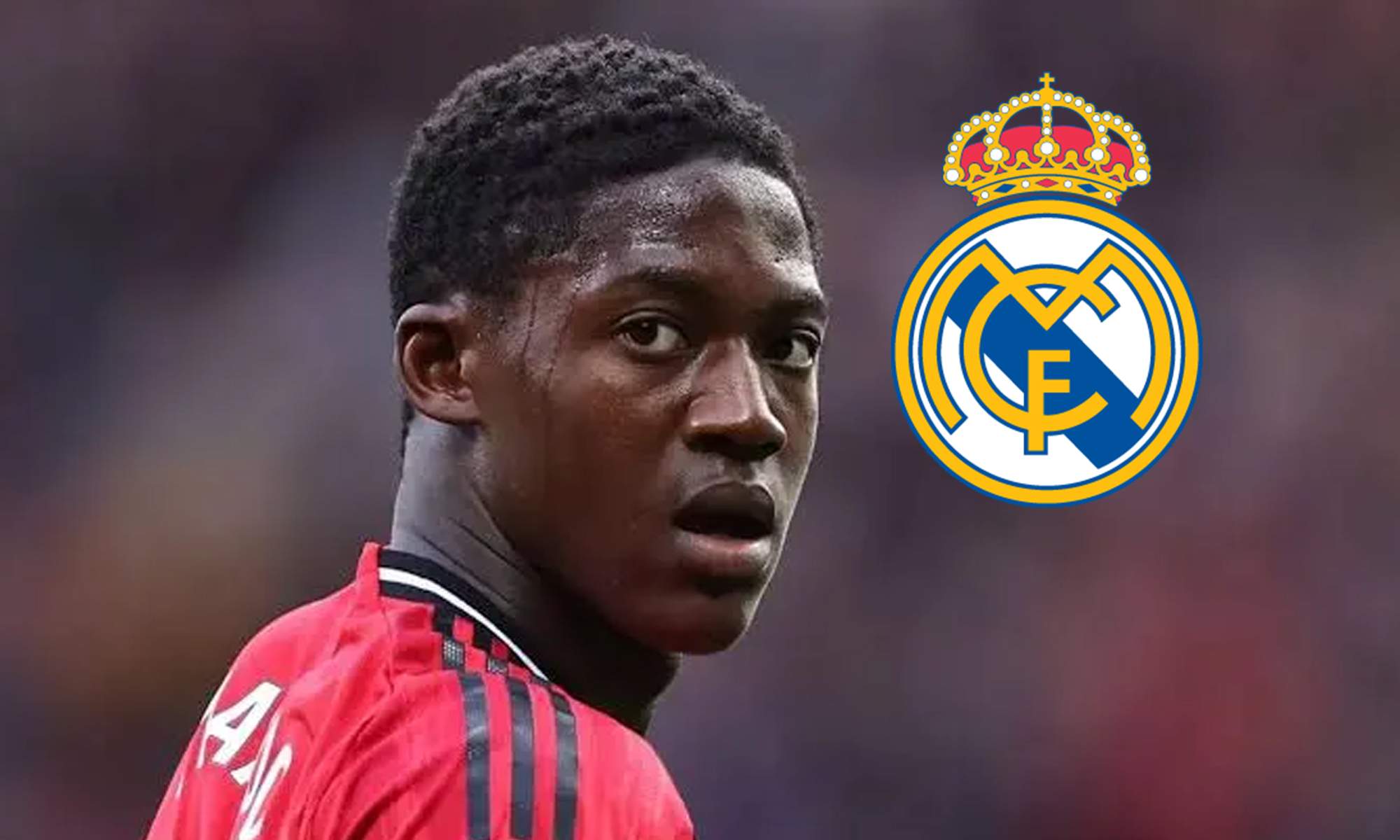 Kobbie Mainoo y el escudo del Real Madrid.