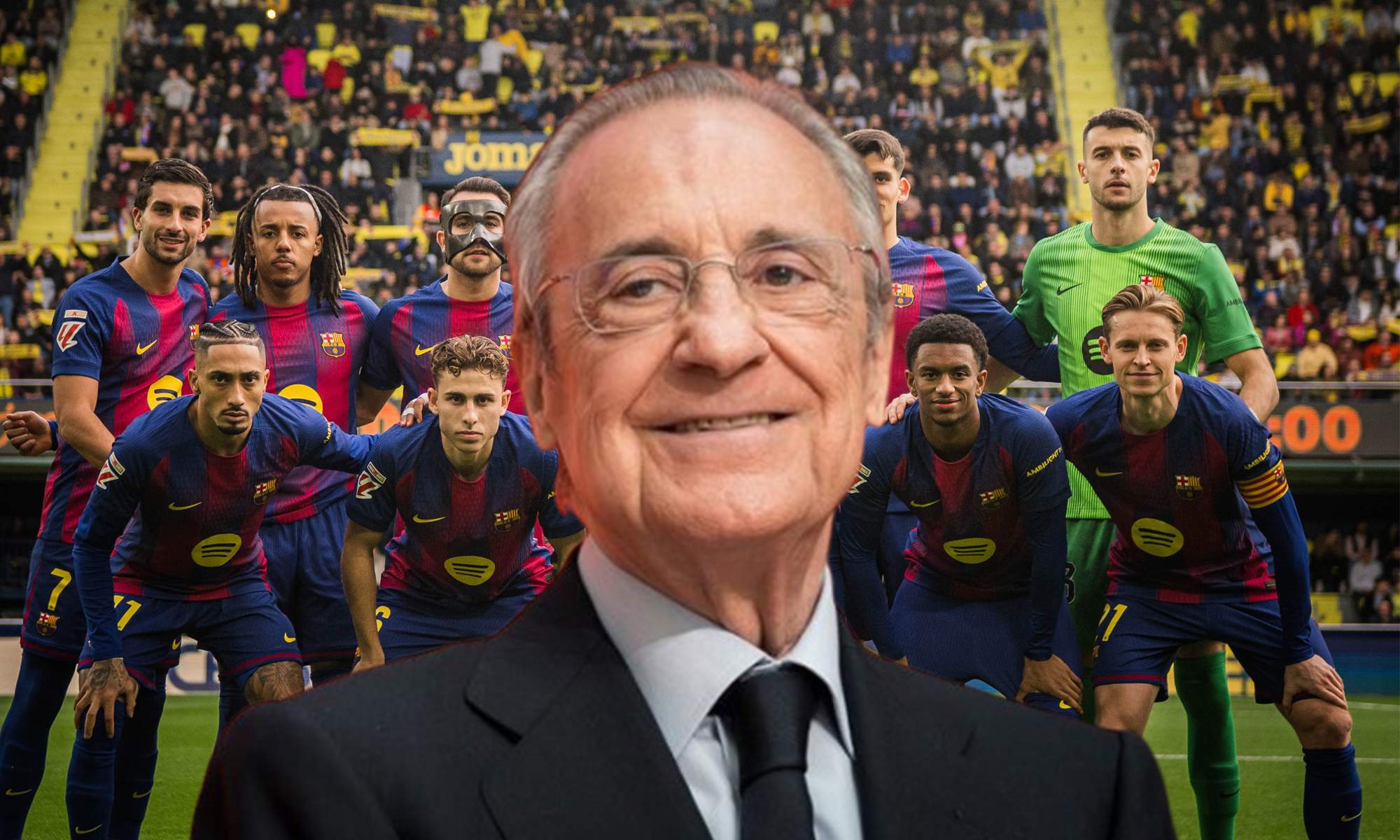 Florentino Pérez y el once de jugadores del Fútbol Club Barcelona contra el Villarreal. 
