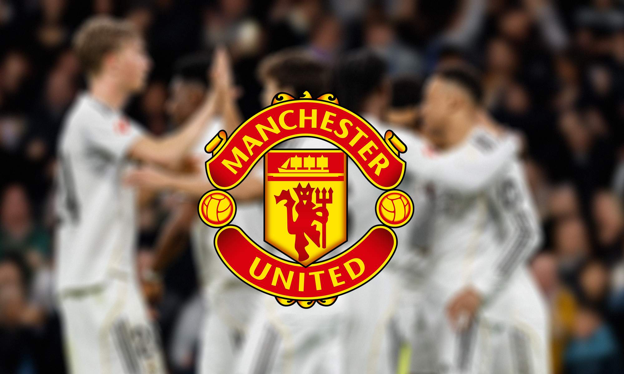 El escudo del Manchester United y jugadores del Real Madrid celebrando un gol. 