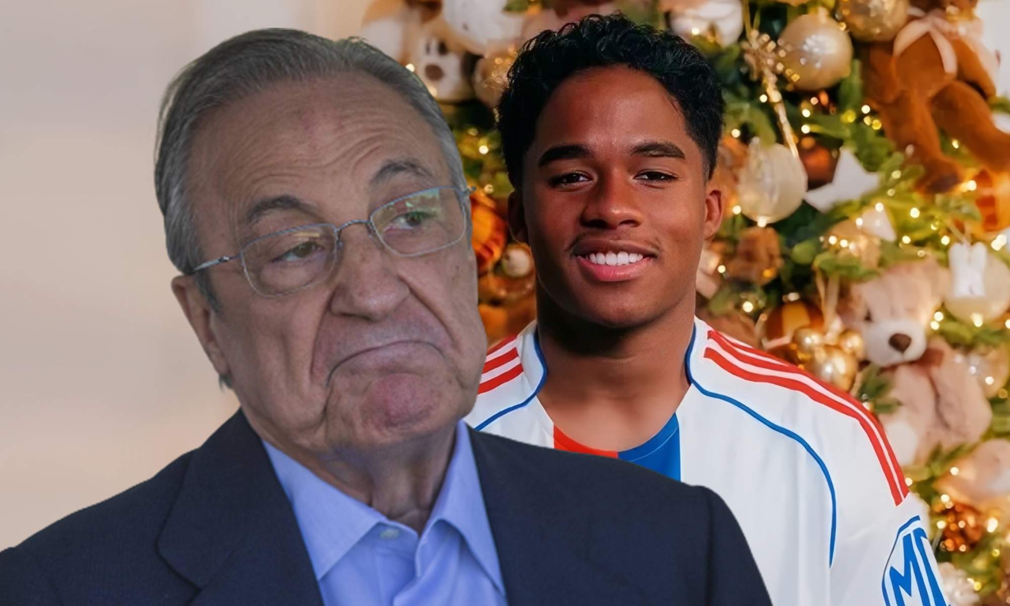 Florentino Pérez y una foto de Endrick con la camiseta del Lyon. Florentino Pérez y una foto de Endrick con la camiseta del Lyon.