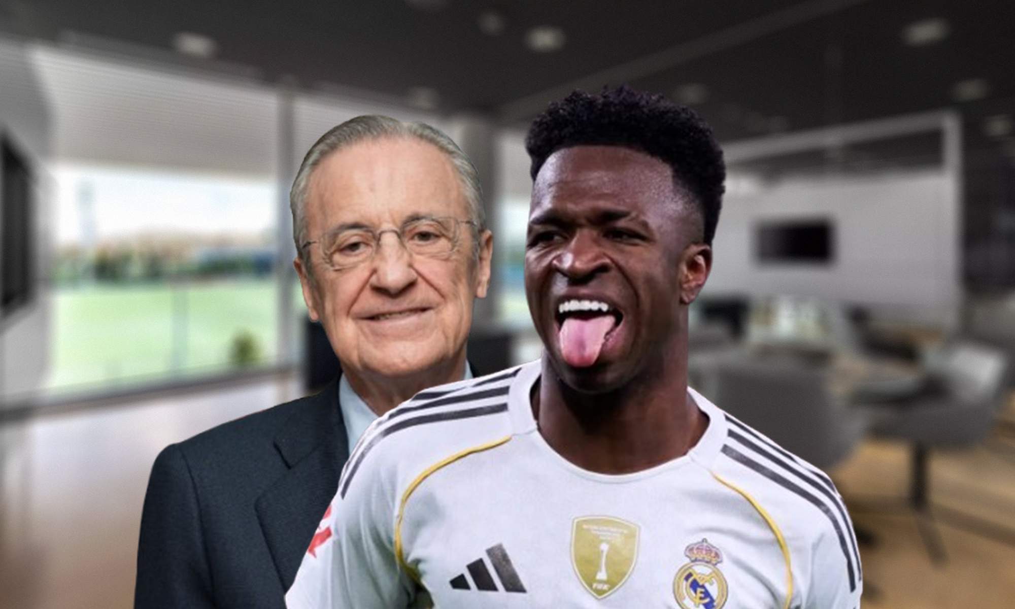 Florentino Pérez, Vinícius Júnior y un despacho del Real Madrid.