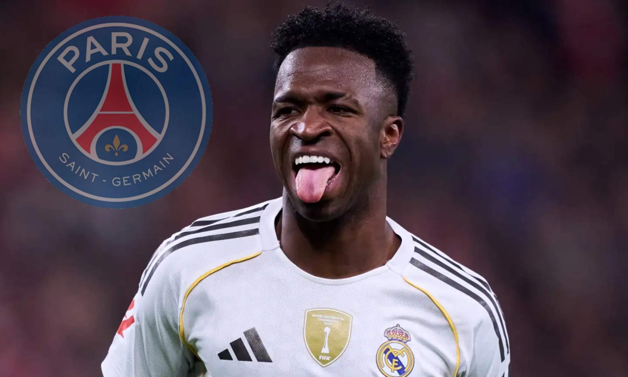 Vinicius Júnior con el Real Madrid y escudo del PSG